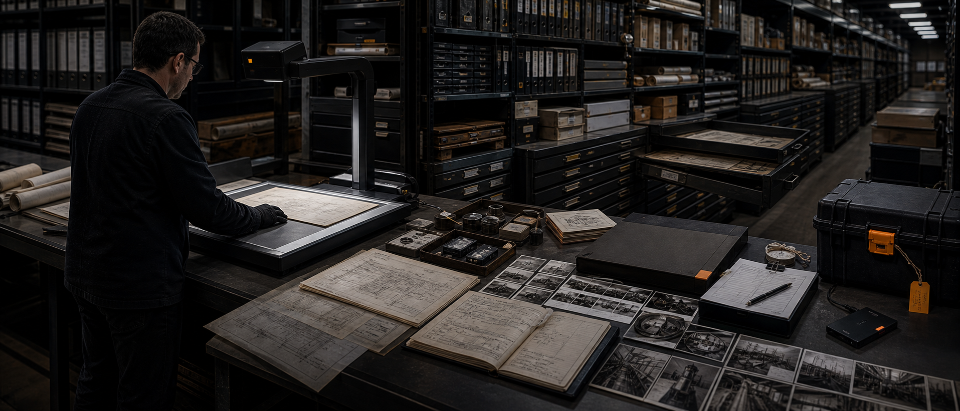 Archivist digitising engineering drawings, logbooks and photographs on an overhead scanner in a records room