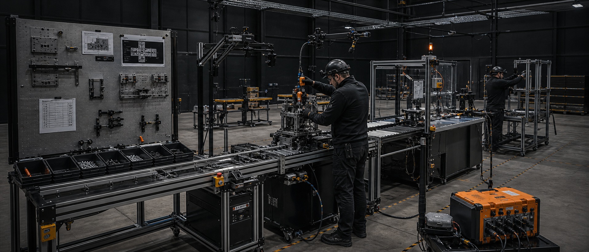 Purpose-built assembly cell with tool board, conveyor and overhead capture rigs, operators working the line on camera