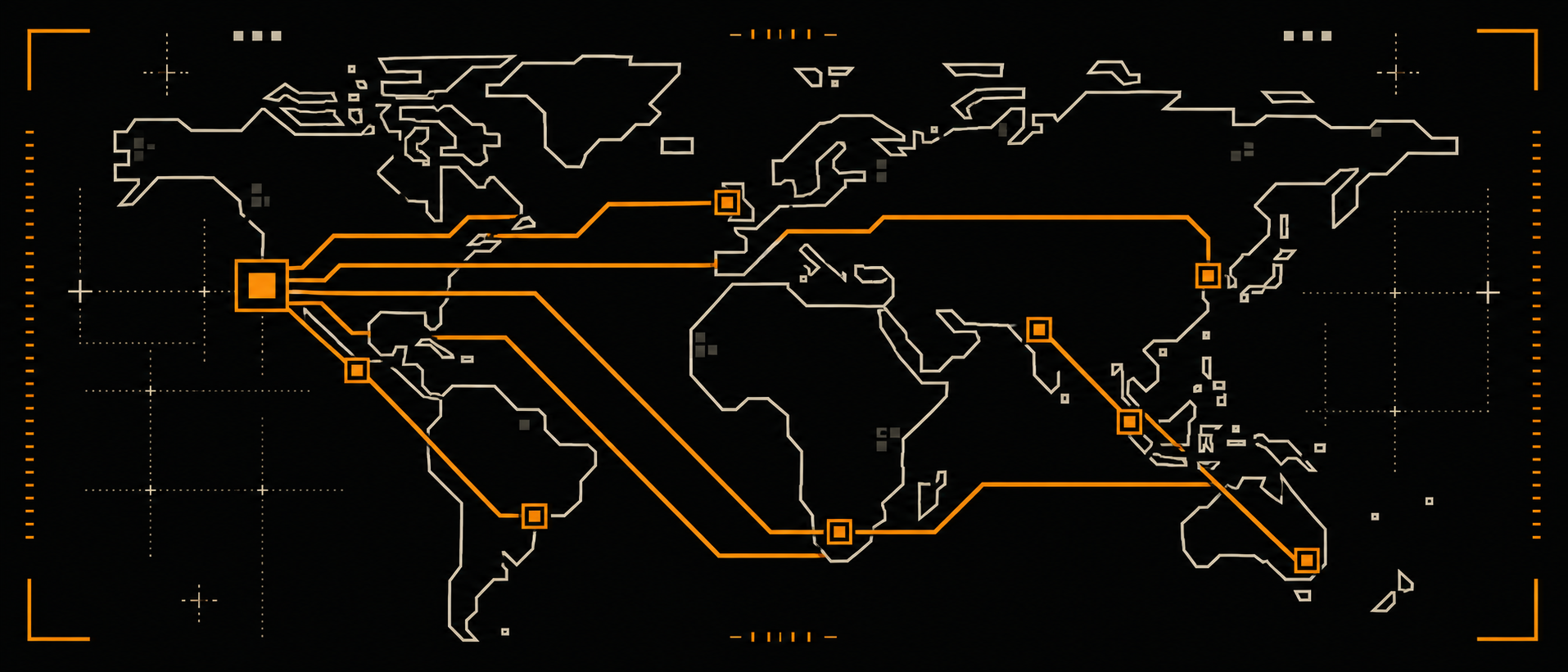 World map with routes from San Francisco to capture sites across the Americas, Europe, Africa, Asia and Australia